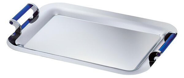 Vassoio Rettangolare con manici MEDIO Dimensioni 43x30 cm - Linea VULCANO EME in acciaio inox Lucido con maniglie con inserti in metacrilato blu