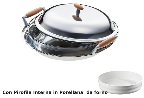 Risottiera rotonda Rotonda con Apollo � 30 cm con Pirofila In Porcellana , finitura inox Lucido manicatura in legno finitura lucida