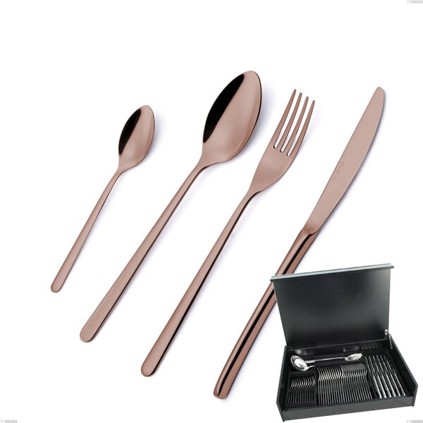 Servizio di posate 51 pezzi in astuccio di legno Venice Copper Bronze, Acciaio Inox 18-10 trattamento pvd bronzo, spessore 4 mm