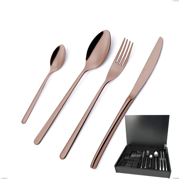 Servizio di posate 24 pezzi in astuccio di legno Venice Copper Bronze, Acciaio Inox 18-10 trattamento pvd bronzo, spessore 4 mm