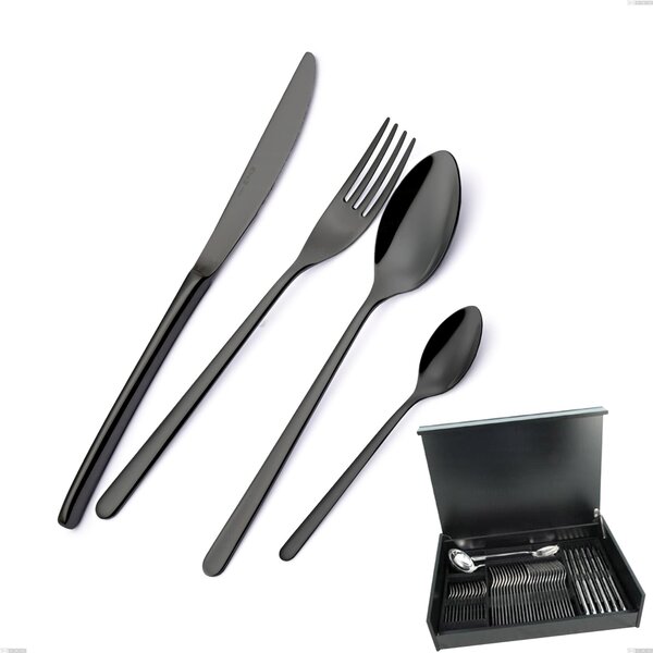 Servizio di posate 51 pezzi in astuccio di legno Venice Gun Metal, Acciaio Inox 18-10 trattamento pvd canna di fucile, spessore 4 mm