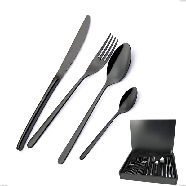 Servizio di posate 24 pezzi in astuccio di legno Venice Gun Metal, Acciaio Inox 18-10 trattamento pvd canna di fucile, spessore 4 mm