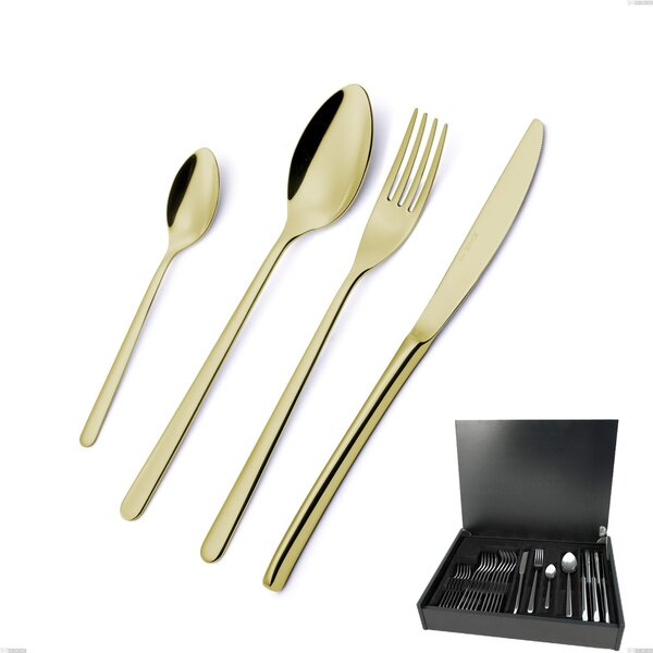 Servizio di posate 24 pezzi in astuccio di legno Venice Tin Gold, Acciaio Inox 18-10 trattamento pvd oro, spessore 4 mm