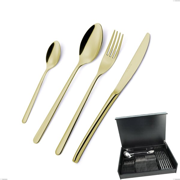 Servizio di posate 51 pezzi in astuccio di legno Venice Tin Gold, Acciaio Inox 18-10 trattamento pvd oro, spessore 4 mm