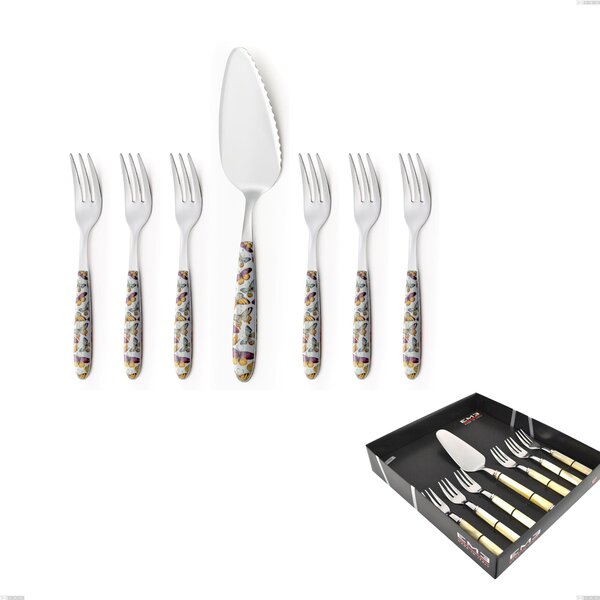Confezione vetrina 7 pezzi, forchettine pi� paletta dolce vero butterfly, acciaio 18.0 nickel free, manicatura pbt sublimato acciaio lucido