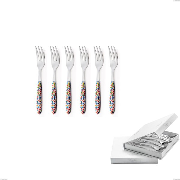 Confezione a libro 6 pezzi forchette dolce vero coriandoli, acciaio 18.0 nickel free, manicatura pbt sublimato acciaio lucido