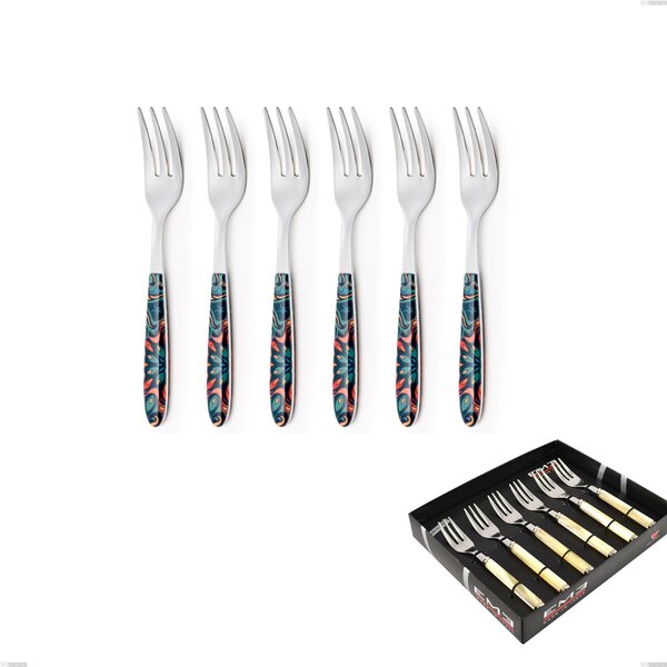 Confezione vetrina 6 pezzi forchette dolce vero damasco, acciaio 18.0 nickel free, manicatura pbt sublimato acciaio lucido