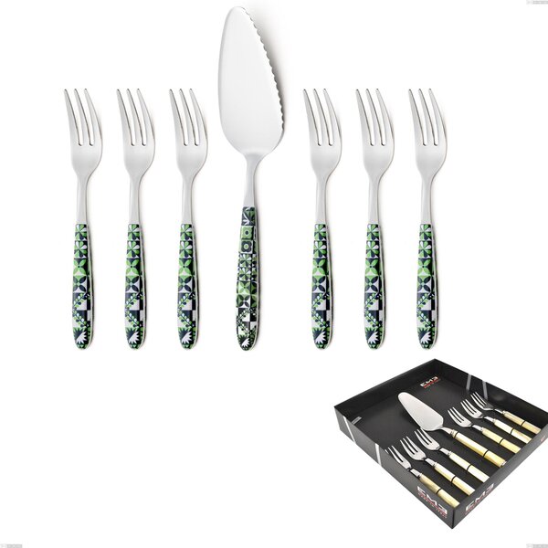 Confezione vetrina 7 pezzi, forchettine pi� paletta dolce vero icon, acciaio 18.0 nickel free, manicatura pbt sublimato acciaio lucido