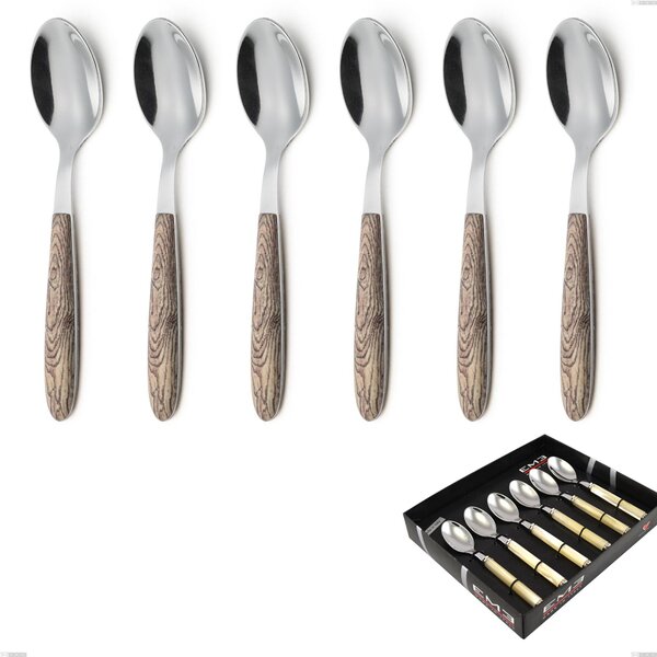 Confezione vetrina 6 pezzi cucchiaino caffe vero larice, acciaio 18.0 nickel free, manicatura pbt sublimato acciaio lucido