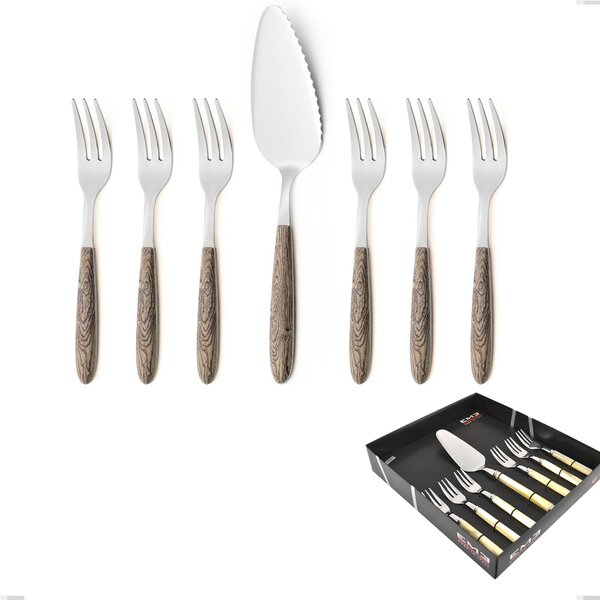 Confezione vetrina 7 pezzi, forchettine pi� paletta dolce vero larice, acciaio 18.0 nickel free, manicatura pbt sublimato acciaio lucido