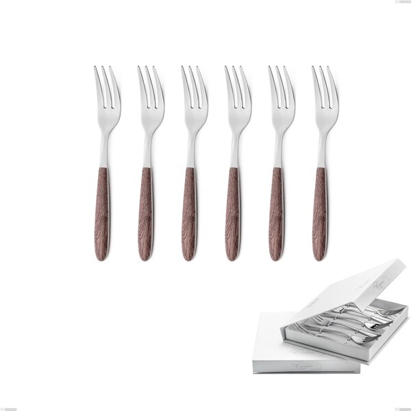 Confezione a libro 6 pezzi forchette dolce vero noce, acciaio 18.0 nickel free, manicatura pbt sublimato acciaio lucido