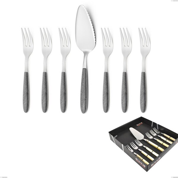Confezione vetrina 7 pezzi, forchettine pi� paletta dolce vero olmo grigio, acciaio 18.0 nickel free, manicatura pbt sublimato acciaio lucido
