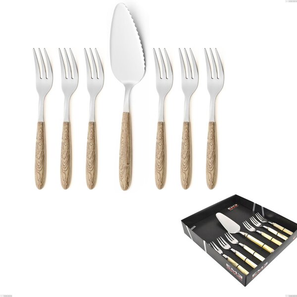 Confezione vetrina 7 pezzi, forchettine pi� paletta dolce vero pino, acciaio 18.0 nickel free, manicatura pbt sublimato acciaio lucido