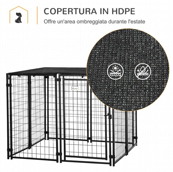 PawHut Recinto per Cani in Acciaio Pieghevole con Copertura, Box per Animali a 8 Pannelli con Porta Bloccabile, 141x141x113cm, Nero|Aosom