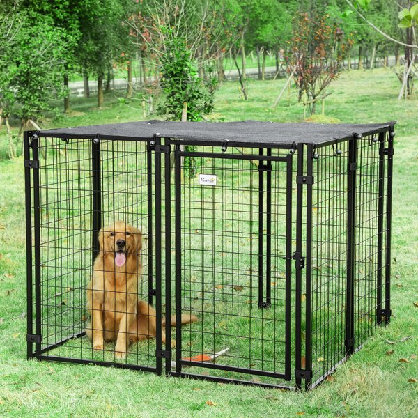 PawHut Recinto per Cani in Acciaio Pieghevole con Copertura, Box per Animali a 8 Pannelli con Porta Bloccabile, 141x141x113cm, Nero|Aosom