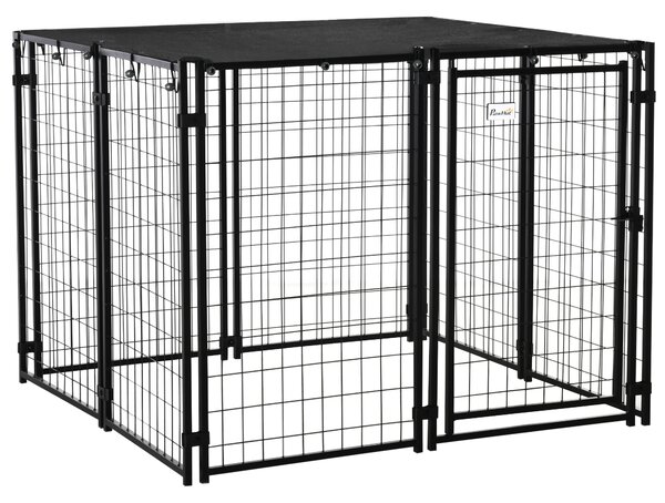 PawHut Recinto per Cani in Acciaio Pieghevole con Copertura, Box per Animali a 8 Pannelli con Porta Bloccabile, 141x141x113cm, Nero|Aosom