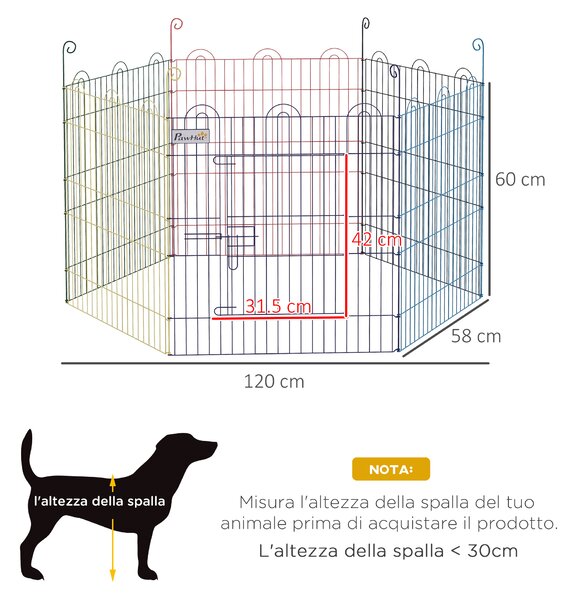 PawHut Cancellino per Cani a 6 Pannelli in Metallo con Chiusura a Scatto, Ø120x60 cm, Multicolore|Aosom