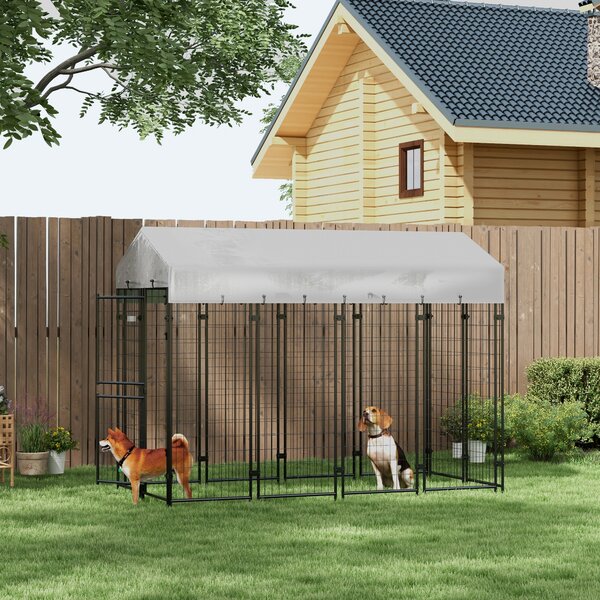 PawHut Recinto per Cani da Esterno con Tetto e Porta a 2 Sezioni in Metallo, 239x121x183cm, Argento
