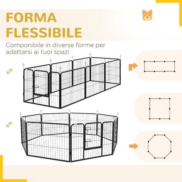 PawHut Recinto per Cani a 8 Pezzi Modulabili per Interno ed Esterno, con Accesso Sicuro, Facile da Riporre, in Acciaio, 80x60 cm, Nero | Aosom Italy