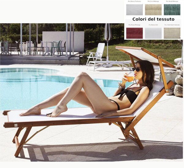 Lettino prendisole allungabile APOLLO con Parasole Orientabile Dimensioni Aperto 75x180x104 cm Portata Max 150 Kg e telo Filato Di Nylon Bianco Telaio legno frassino