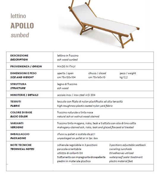 Lettino prendisole allungabile APOLLO con Parasole Orientabile Dimensioni Aperto 75x180x104 cm Portata Max 150 Kg e telo Filato Di Nylon Bianco Telaio legno frassino