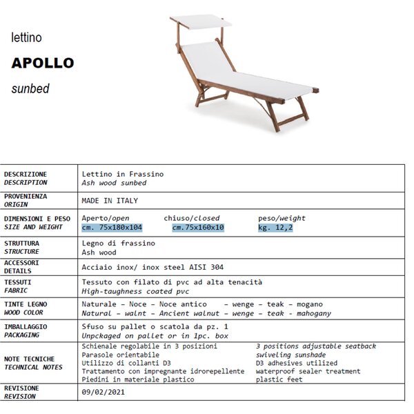 Lettino prendisole allungabile APOLLO con Parasole Orientabile Dimensioni Aperto 75x180x104 cm Portata Max 150 Kg telo Filato Di Nylon Bianco Telaio teck
