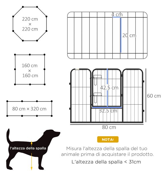 PawHut Recinto per Cani a 8 Pezzi Modulabili per Interno ed Esterno, con Accesso Sicuro, Facile da Riporre, in Acciaio, 80x60 cm, Nero | Aosom Italy