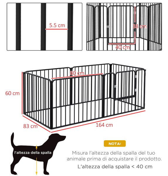 PawHut Recinto per Cani a 6 Pannelli Modulabili da Interno ed Esterno, in Acciaio, 164x83x60 cm, Nero|Aosom