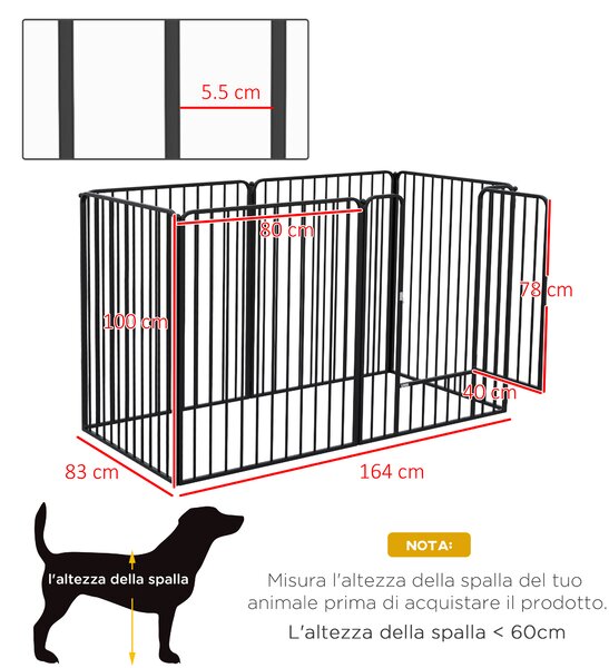 PawHut Recinto per Cani Grandi a 6 Pannelli Modulabili in Acciaio, 164x83x100 cm, Nero|Aosom