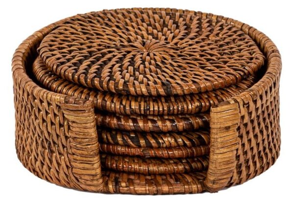 Set 6 Sottobicchieri Rotondi In Rattan Con Supporto – 8 Cm, Stile Naturale
