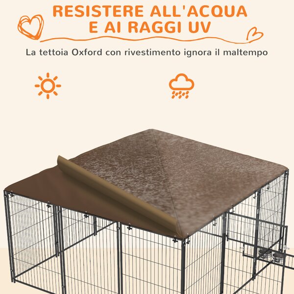 PawHut Recinto per Cani in Metallo e Tessuto Oxford con Porticina per Ciotole, 211x211x151 cm, Nero e Marrone|Aosom