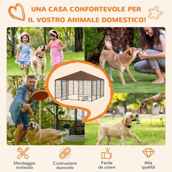 PawHut Recinto per Cani in Metallo e Tessuto Oxford con Porticina per Ciotole, 211x211x151 cm, Nero e Marrone|Aosom