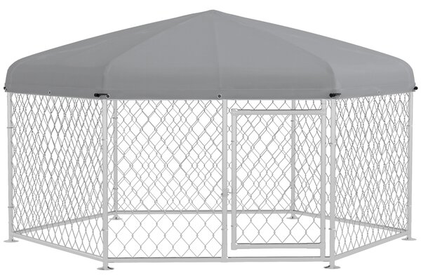 PawHut Recinto per Cani Taglia Grande con Tetto in Tessuto Oxford Anti UV, 2.1x1.85x1.5m, Argento e Grigio|Aosom