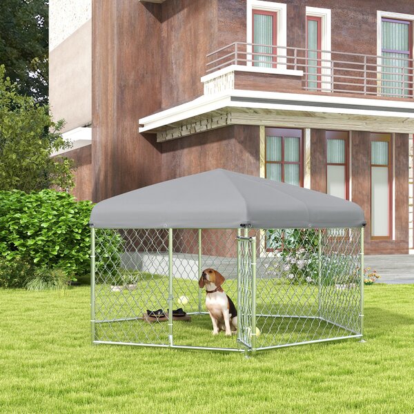 PawHut Recinto per Cani Taglia Grande con Tetto in Tessuto Oxford Anti UV, 2.1x1.85x1.5m, Argento e Grigio|Aosom