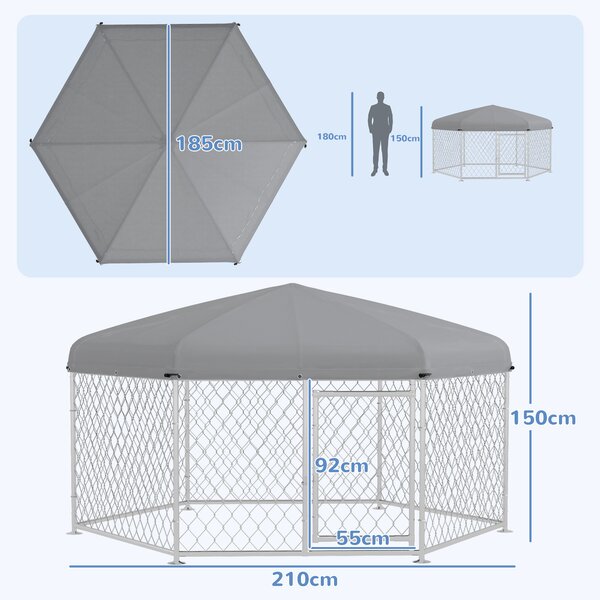 PawHut Recinto per Cani Taglia Grande con Tetto in Tessuto Oxford Anti UV, 2.1x1.85x1.5m, Argento e Grigio|Aosom