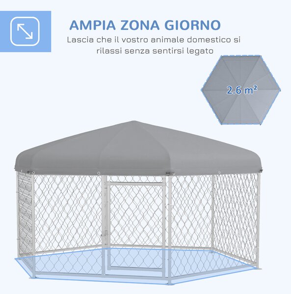 PawHut Recinto per Cani Taglia Grande con Tetto in Tessuto Oxford Anti UV, 2.1x1.85x1.5m, Argento e Grigio|Aosom