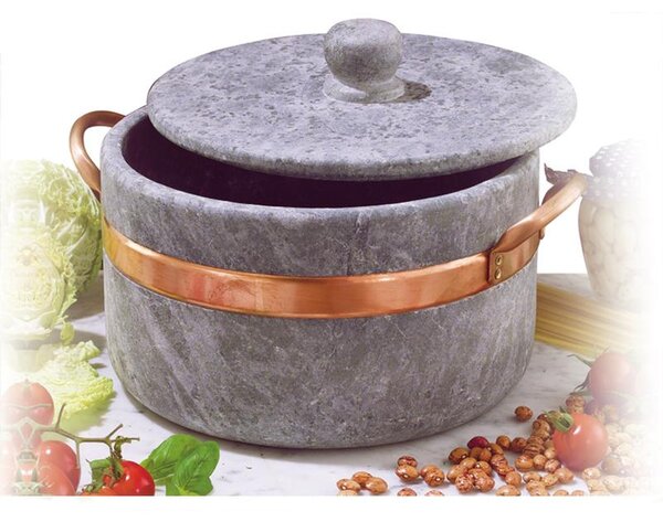 Casseruola in Pietra Ollare diametro 16xh8 cm - LT 0,90 2 manici con coperchio con bordo in rame Ideale per cucinare: stufati. brasati. gli arrosti