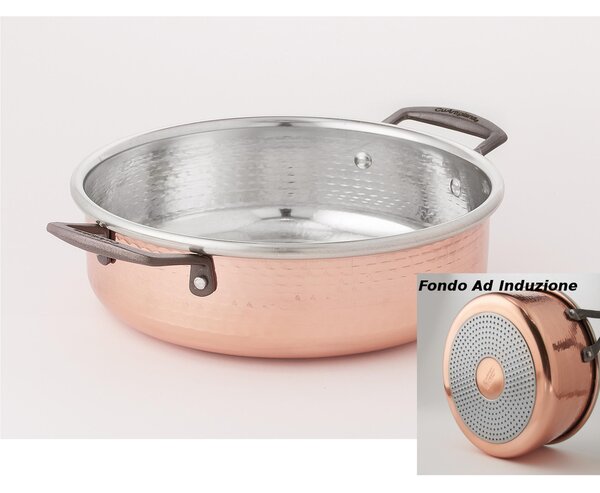 Casseruola Bassa in rame ad Induzione con due manici � 20xh7 cm - 2,2 Lt realizzata in rame massiccio martellato