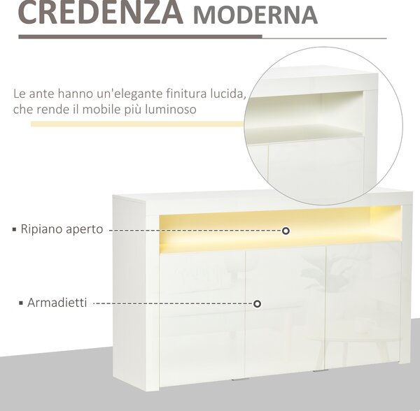 HOMCOM Credenza Moderna 3 Ante con Luci LED Colorate e Telecomando in Legno, 155x40x92cm - Bianco