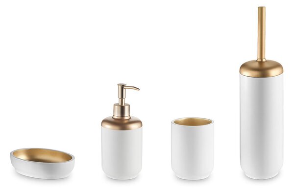 Set da bagno 4 pezzi in resina colore BIANCO-ORO portasapone. bicchiere, dispenser e portascopino
