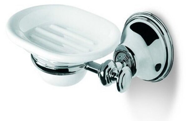 Portasapone sospeso in acciaio inox LINEA LIBERTY Dimensioni 17x12xh 7 cm con piattino in porcellana bianca finitura inox lucido