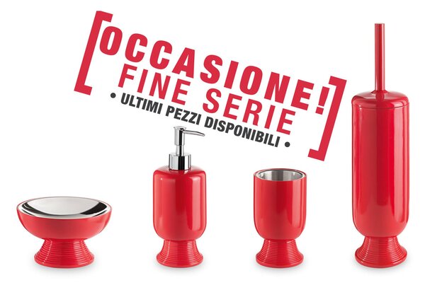 Set da bagno 4 pezzi in resina colore ROSSO-MISO portasapone. bicchiere, dispenser e portascopino