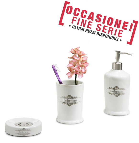 Set 3 pezzi dispenser, portasapone , bicchiere in porcellana compri 3 pezzi ne paghi 1