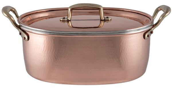 Casseruola Ovale 2 maniglie co Griglia interna Dimensioni 42x22xh12 cm con coperchio in rame massiccio 1.5 mm linea