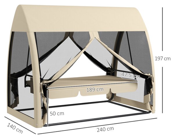 Outsunny Dondolo 3 posti Convertibile da Giardino 2 in 1 in Letto con Cuscini e Zanzariera, 240x140x197 cm, Caffè | Aosom Italy