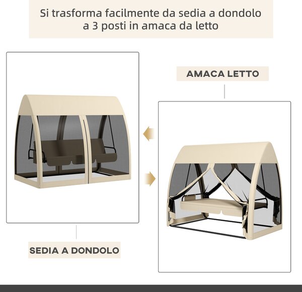 Outsunny Dondolo 3 posti Convertibile da Giardino 2 in 1 in Letto con Cuscini e Zanzariera, 240x140x197 cm, Caffè | Aosom Italy