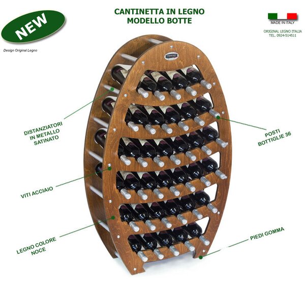 Cantinetta Portabottiglie in legno Botte 75x25xh120 cm contenuto 36 bottiglie Noce