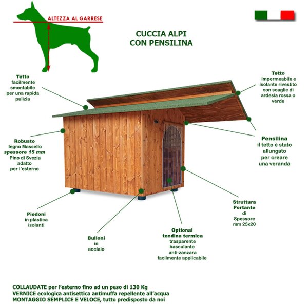 Cuccia per Cane Setter e simili in legno con tettino coibentato 70x130xh80 cm pi� pensilina collaudo per 130 Kg