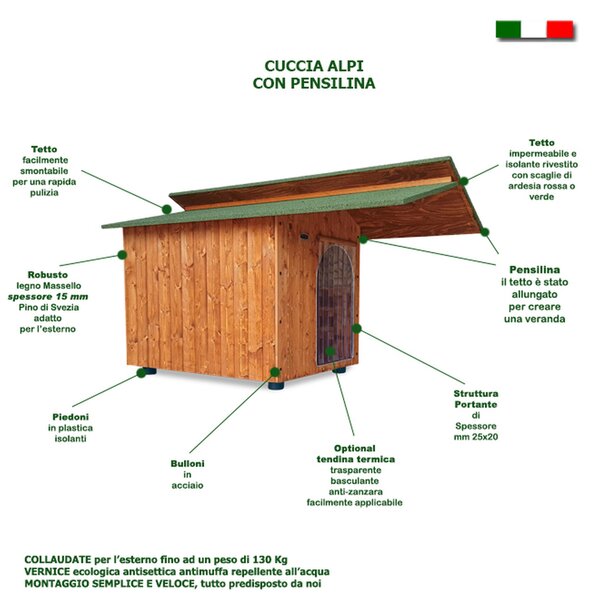 Cuccia per Cane Setter e simili in legno con tettino coibentato 70x130xh80 cm pi� pensilina collaudo per 130 Kg