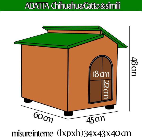 Cuccia per Cani Gatti Chihuahua-Gatto e Simili in legno con tettino coibentato 45x60x h48 cm spessore legno 1 cm collaudo per 130 Kg